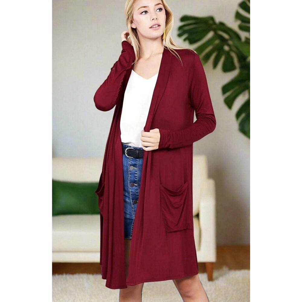 Active USA Longline Cardigan Open Front Duster Two Pockets Womens L Red